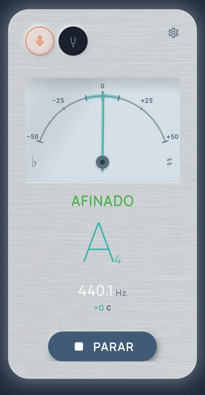 Afinador Nota Certa indicando a nota Lá 4 afinada em 440,1 Hz