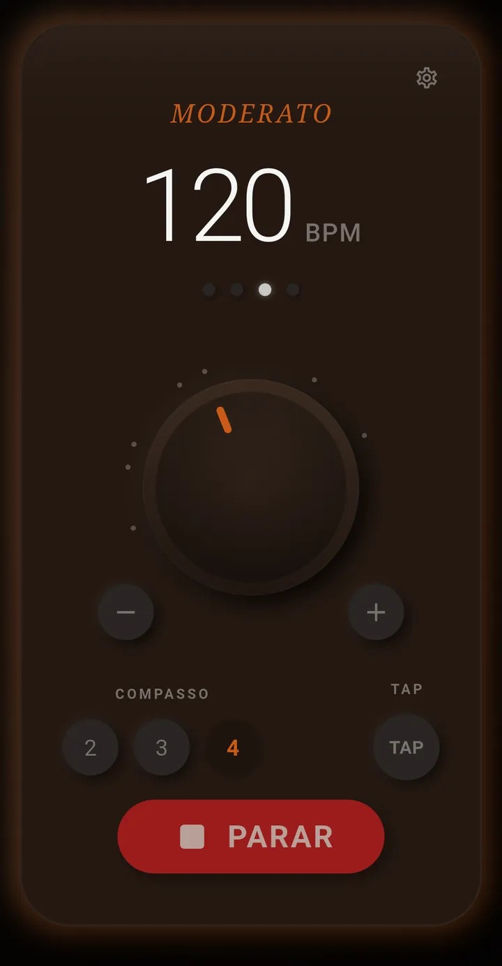 Metrônomo Tap Tempo tocando a 120 BPM em compasso de 4 tempos