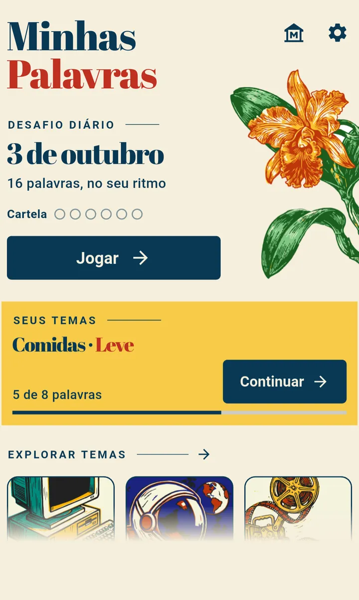 Tela inicial do Minhas Palavras com o desafio diário e uma partida em andamento